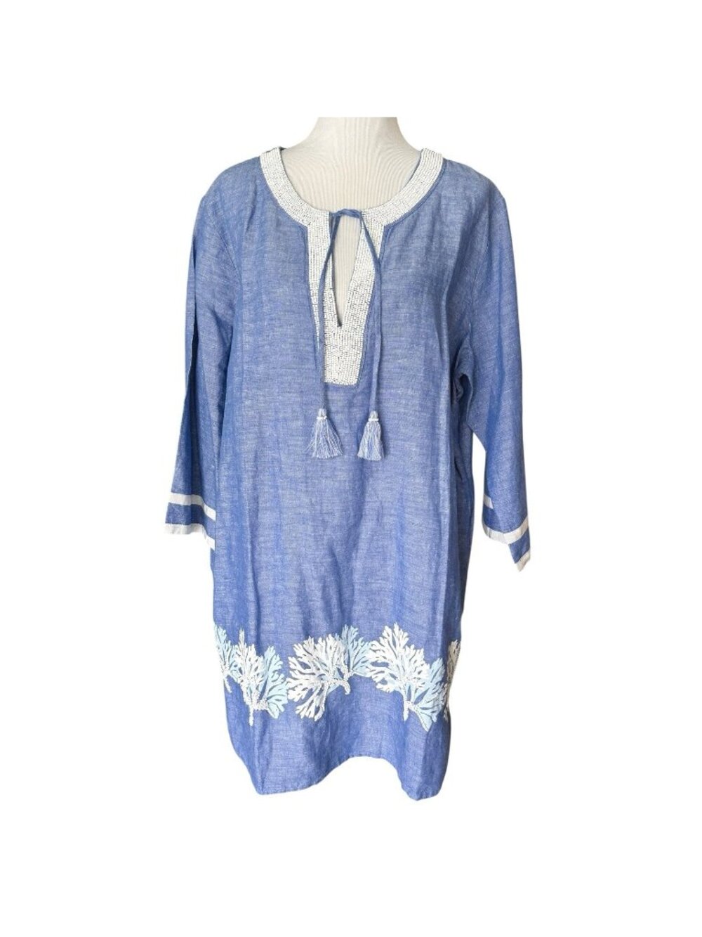 Talbots Blue Chambray Linen Blend Coral Swim Cover-Up Beaded Dress Size XL NEW